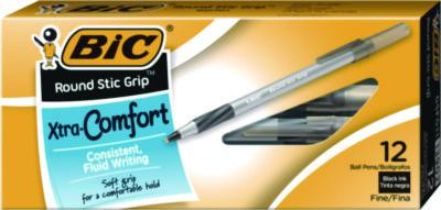 Round Stic Grip Xtra Comfort Ballpoint Pen, Stick, Fine 0.8 Mm, Black Ink, Gray/Black Barrel, Dozen