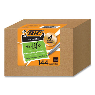 Round Stic Xtra Life Ballpoint Pen, Stick, Medium 1 Mm, Black Ink, Translucent Black Barrel, 144/Pack