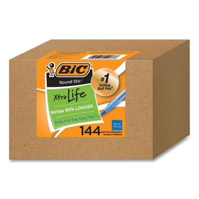 Round Stic Xtra Life Ballpoint Pen, Stick, Medium 1 Mm, Blue Ink, Translucent Blue Barrel, 144/Pack