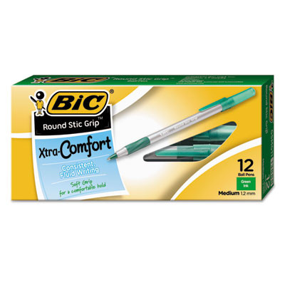 Round Stic Grip Xtra Comfort Ballpoint Pen, Easy-Glide System, Stick, Medium 1.2 Mm, Green Ink, Gray/Green Barrel, Dozen