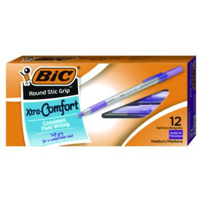 Round Stic Grip Xtra Comfort Ballpoint Pen, Easy-Glide System, Stick, Medium 1.2 Mm, Purple Ink, Gray/Purple Barrel, Dozen