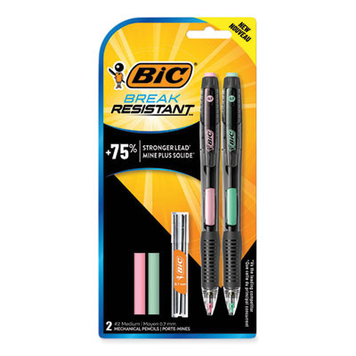Break-Resistant Mechanical Pencils With Erasers, 0.7 Mm, Hb (#2), Black Lead, Assorted Barrel Colors, 2/Pack
