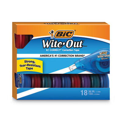 Wite-Out Brand Ez Correct Correction Tape Value Pack, Non-Refillable, 0.17" x 39.33 Ft, Randomly Assorted Colors, 18/Pack