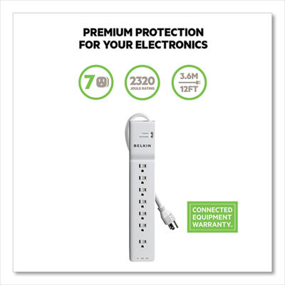Home/Office Surge Protector, 7 Ac Outlets, 12 Ft Cord, 2,160 J, White