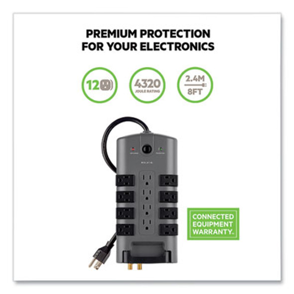 Pivot Plug Surge Protector, 12 Ac Outlets, 8 Ft Cord, 4,320 J, Gray