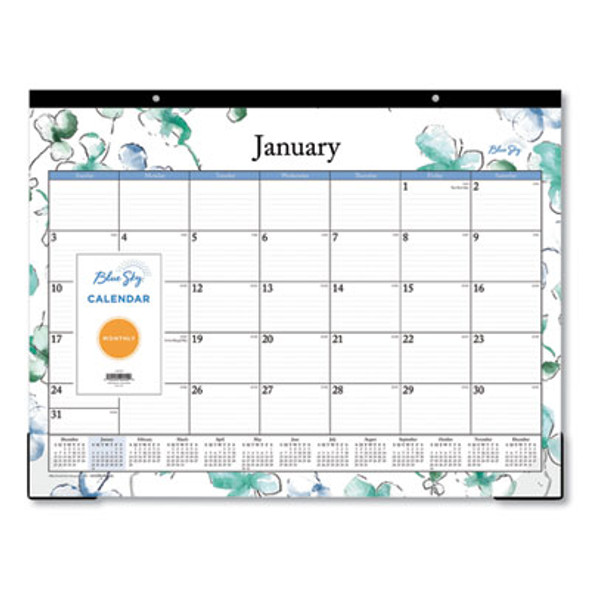 Lindley Desk Pad, Floral Artwork, 22 x 17, White/Blue/Green Sheets, Black Binding, Clear Corners, 12-Month (Jan To Dec): 2025