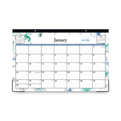 Lindley Desk Pad, Floral Artwork, 17 x 11, White/Blue/Green Sheets, Black Binding, Clear Corners, 12-Month (Jan To Dec): 2026