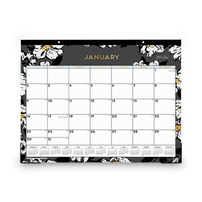 Baccara Dark Desk Pad, Floral Artwork, 22 x 17, White/Black/Gold Sheets, Black Binding, 12-Month (Jan To Dec): 2026