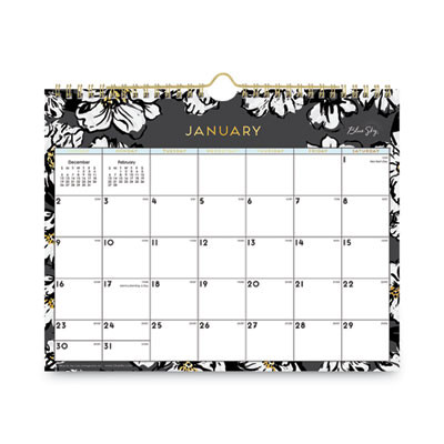 Baccara Dark Wall Calendar, Floral Artwork, 11 x 8.75, White/Black/Gold Sheets, 12-Month (Jan To Dec): 2026