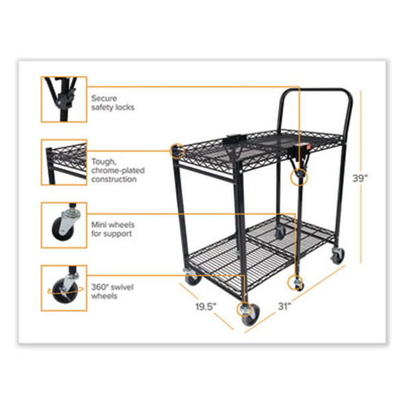 Stowaway Folding Carts, Metal, Small Cart, 2 Shelves, 400 Lb Capacity, 29.63" x 37.25" x 18", Black