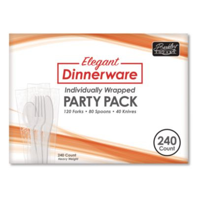 Elegant Dinnerware Heavyweight Cutlery Assortment, Heavyweight, (120) Forks/(80) Spoons/(40) Knives, Plastic, White, 240/Box