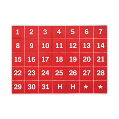 Heavy-Duty Board Magnet Labels, Calendar Dates (1-31), 1" Tall, White Characters, Red Background, 35/Pack