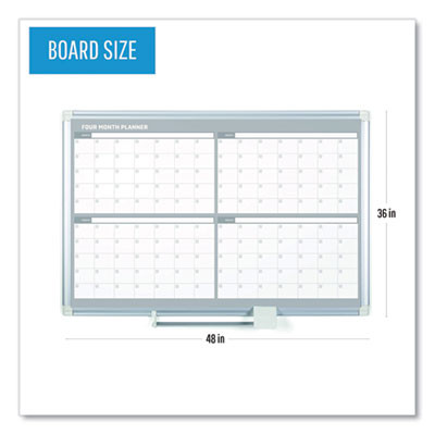 Magnetic Dry Erase Calendar Board, Four-Month Planning/Scheduling, 48" x 36", White Surface, Satin Aluminum Frame