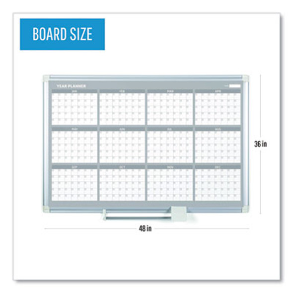 Magnetic Dry Erase Calendar Board, 12-Month Planning/Scheduling, 48" x 36", White Surface, Satin Aluminum Frame