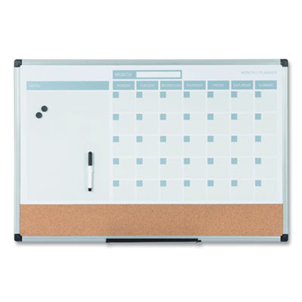 3-In-1 Planner Board, Monthly Planning/Scheduling Calendar, 24" x 18", Tan/White/Blue Surface, Satin Aluminum Frame