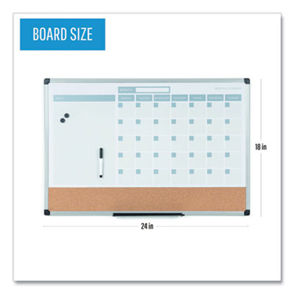 3-In-1 Planner Board, 24 x 18, Tan/White/Blue Surface, Silver Aluminum Frame