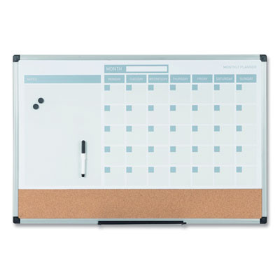 3-In-1 Planner Board, Monthly Planning/Scheduling Calendar, 24" x 18", Tan/White/Blue Surface, Satin Aluminum Frame