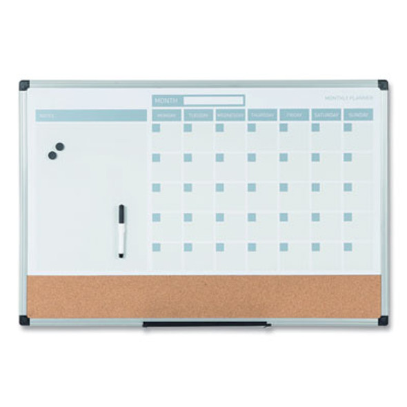 3-In-1 Calendar Planner, Monthly Planning/Scheduling Calendar, 36" x 24", White Surface, Satin Aluminum Frame