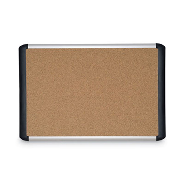 Tech Cork Board, 48" x 36", Tan Surface, Silver/Black Aluminum Frame