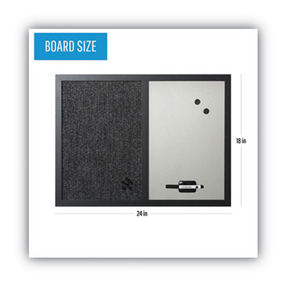 Designer Combo Fabric Bulletin/Dry Erase Board, 24 x 18, Charcoal/Gray Surface, Black Mdf Wood Frame