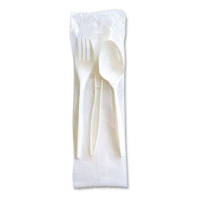 Three-Piece Cutlery Kit, Mediumweight, Fork/Knife/Spoon, 6.97", Plastic, White, 250/Carton