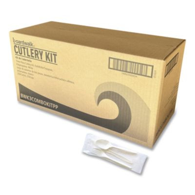 Three-Piece Cutlery Kit, Mediumweight, Fork/Knife/Spoon, 6.97", Plastic, White, 250/Carton
