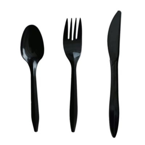 Three-Piece Polystyrene Cutlery Kit, Mediumweight, Fork/Knife/Spoon, Plastic, Black, 250/Carton