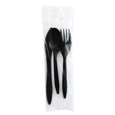 Three-Piece Polystyrene Cutlery Kit, Mediumweight, Fork/Knife/Spoon, Plastic, Black, 250/Carton