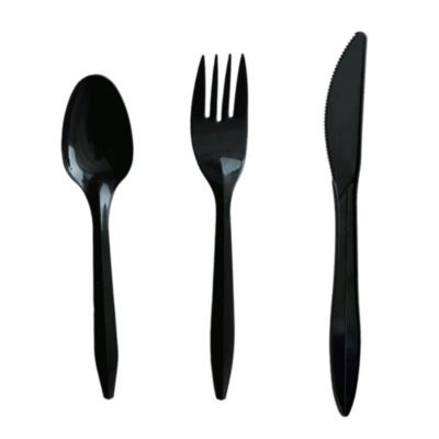 Three-Piece Polystyrene Cutlery Kit, Mediumweight, Fork/Knife/Spoon, Plastic, Black, 250/Carton
