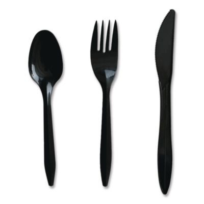 Three-Piece Polystyrene Cutlery Kit, Mediumweight, Fork/Knife/Spoon, Plastic, Black, 250/Carton