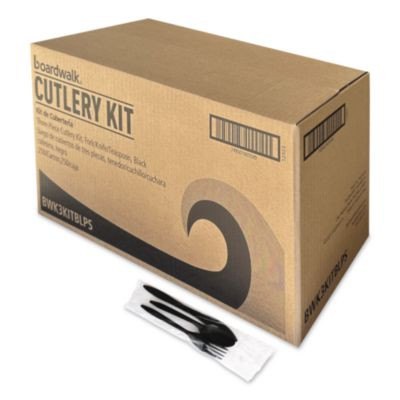 Three-Piece Polystyrene Cutlery Kit, Mediumweight, Fork/Knife/Spoon, Plastic, Black, 250/Carton