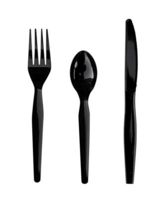 Three-Piece Polystyrene Cutlery Kit, Heavyweight, Fork/Knife/Spoon, Plastic, Black, 250/Carton