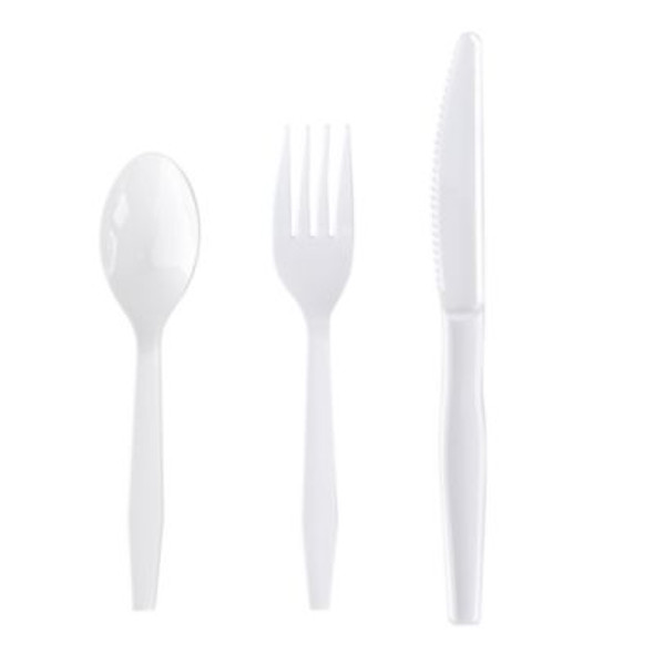 Three-Piece Polystyrene Cutlery Kit, Heavyweight, Fork/Knife/Spoon, Plastic, White, 250/Carton