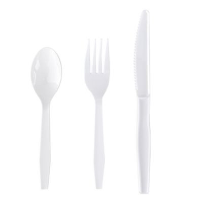 Three-Piece Polystyrene Cutlery Kit, Heavyweight, Fork/Knife/Spoon, Plastic, White, 250/Carton