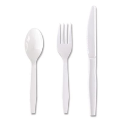 Three-Piece Polystyrene Cutlery Kit, Heavyweight, Fork/Knife/Spoon, Plastic, White, 250/Carton