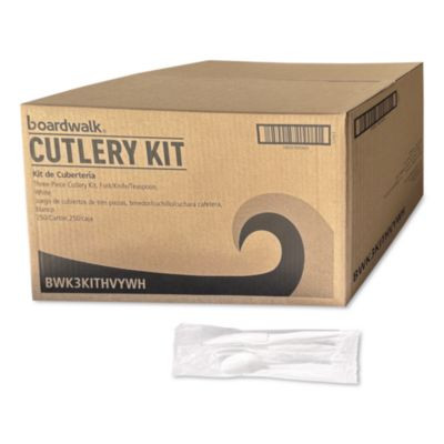 Three-Piece Polystyrene Cutlery Kit, Heavyweight, Fork/Knife/Spoon, Plastic, White, 250/Carton