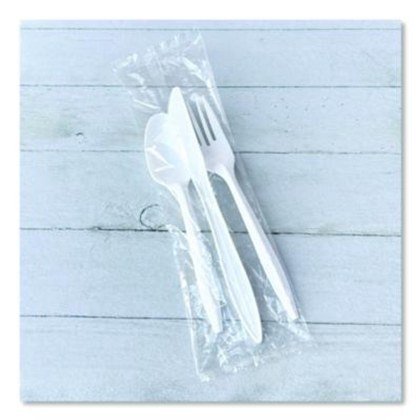 Three-Piece Polystyrene Cutlery Kit, Mediumweight, Fork/Knife/Spoon, Plastic, White, 250/Carton