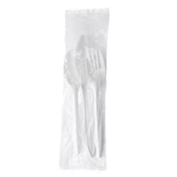 Three-Piece Polystyrene Cutlery Kit, Mediumweight, Fork/Knife/Spoon, Plastic, White, 250/Carton