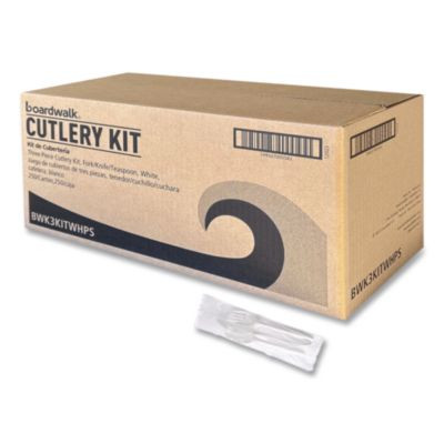 Three-Piece Polystyrene Cutlery Kit, Mediumweight, Fork/Knife/Spoon, Plastic, White, 250/Carton