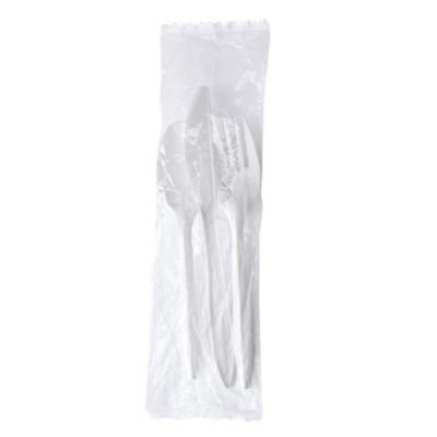 Three-Piece Polystyrene Cutlery Kit, Mediumweight, Fork/Knife/Spoon, Plastic, White, 250/Carton