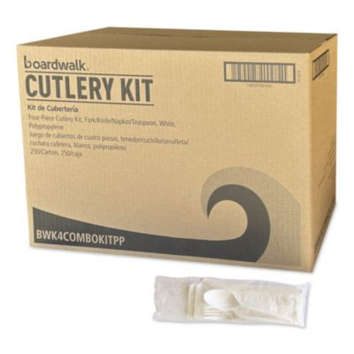 Four-Piece Polypropylene Cutlery Kit, Mediumweight, Fork/Knife/Napkin/Spoon, Plastic, White, 250/Carton
