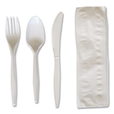 Four-Piece Polypropylene Cutlery Kit, Mediumweight, Fork/Knife/Napkin/Spoon, Plastic, White, 250/Carton