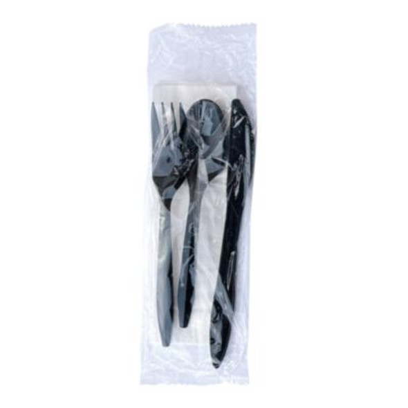 Four-Piece Cutlery Kit, Mediumweight, Fork/Knife/Napkin/Spoon, Plastic, 6.38", Black, 250/Carton