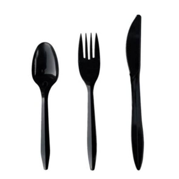 Four-Piece Cutlery Kit, Mediumweight, Fork/Knife/Napkin/Spoon, Plastic, 6.38", Black, 250/Carton