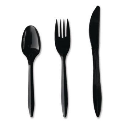 Four-Piece Cutlery Kit, Mediumweight, Fork/Knife/Napkin/Spoon, Plastic, 6.38", Black, 250/Carton