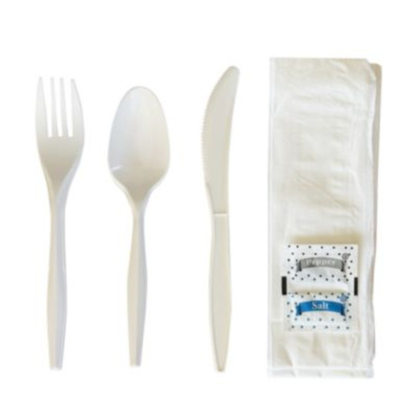 Six-Piece Cutlery Kit, Mediumweight, Fork/Knife/Napkin/Pepper/Salt/Spoon, 5.86", Plastic, White, 250/Carton