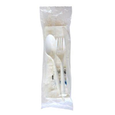 Six-Piece Cutlery Kit, Mediumweight, Fork/Knife/Napkin/Pepper/Salt/Spoon, 5.86", Plastic, White, 250/Carton