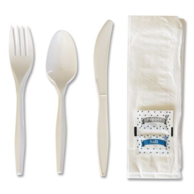 Six-Piece Cutlery Kit, Mediumweight, Fork/Knife/Napkin/Pepper/Salt/Spoon, 5.86", Plastic, White, 250/Carton