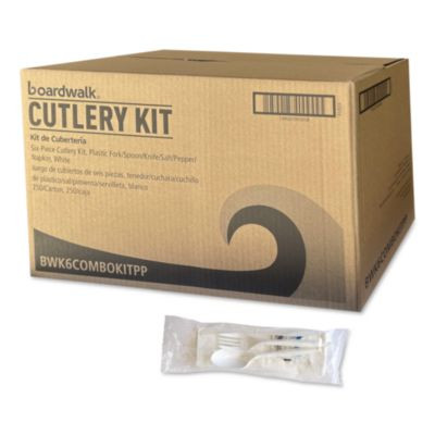 Six-Piece Cutlery Kit, Mediumweight, Fork/Knife/Napkin/Pepper/Salt/Spoon, 5.86", Plastic, White, 250/Carton