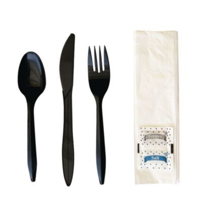 Six-Piece Cutlery Kit, Mediumweight, Fork/Knife/Napkin/Pepper/Salt/Spoon, 5.86", Plastic, Black, 250/Carton